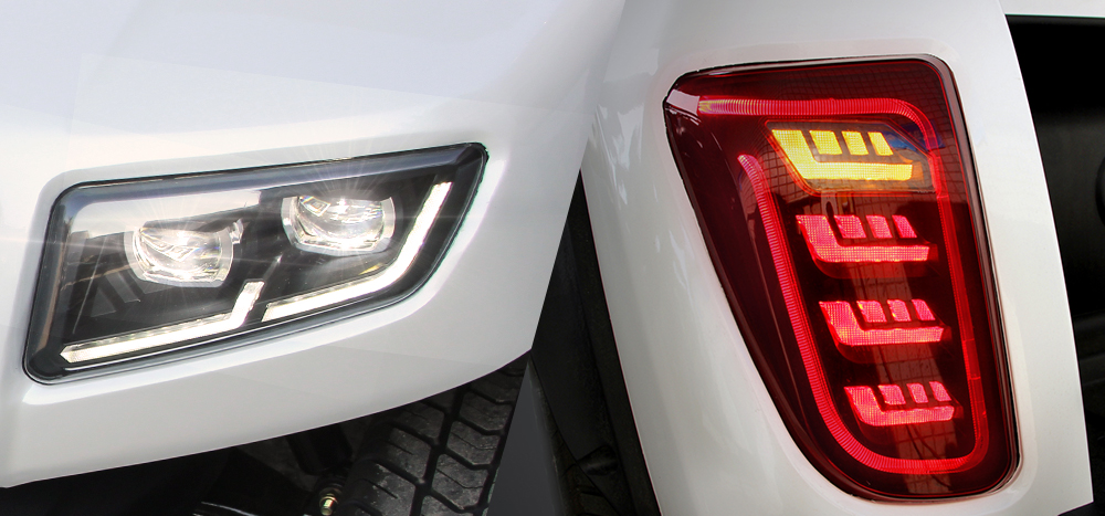Close-up of the LED headlight and taillight of the golf cart