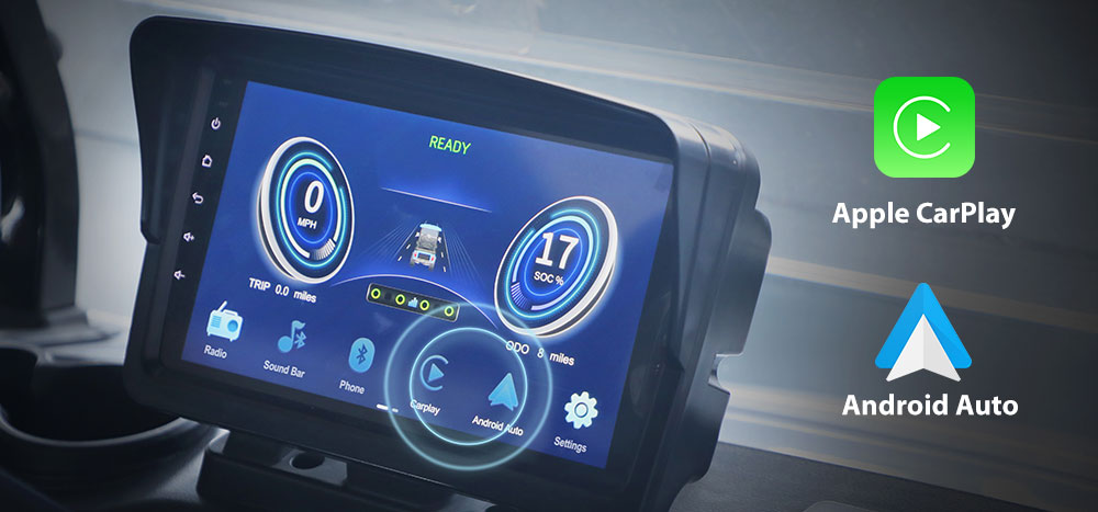 Touchscreen dashboard display of the golf cart showing Apple CarPlay and Android Auto